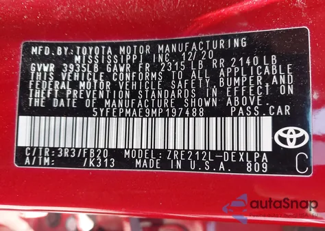 2021 Toyota Corolla Le from USA, damaged, VIN 5YFEPMAE9MP197488